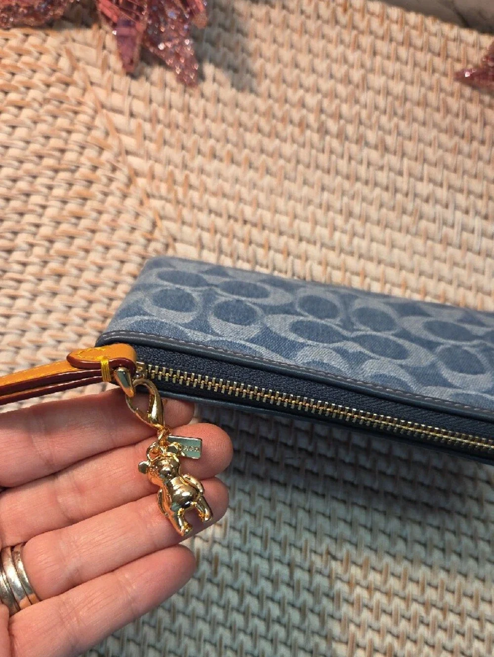 COACH Blue Signature Zip Wristlet with Brown Strap